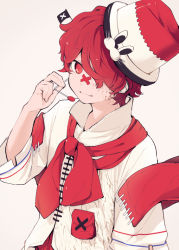Rule 34 | 1boy, asymmetrical clothes, fukase, grey background, hair over one eye, hat, head flag, looking at viewer, male focus, microphone, mini flag, motitoy, popped collar, red eyes, red hair, scar, simple background, smile, solo, top hat, vocaloid