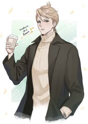 Rule 34 | 1boy, black jacket, blonde hair, blue eyes, bunet (fire emblem), coffee cup, cup, disposable cup, fire emblem, fire emblem engage, hand in pocket, highres, holding, holding cup, jacket, long sleeves, looking at viewer, male focus, nintendo, open clothes, open jacket, open mouth, short hair, solo, sweater, tori art07, turtleneck, turtleneck sweater