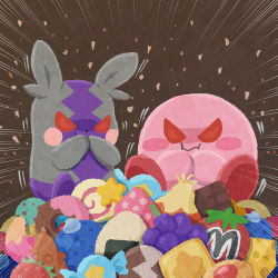 Rule 34 | angry, berry, blush, brown background, candy, chocolate, colored skin, creatures (company), eating, fantasy, food, food focus, fruit, game freak, gen 8 pokemon, kirby, kirby&#039;s dream land, kirby (series), maxim tomato, miclot, morpeko, nintendo, no humans, pink skin, pokemon, red eyes, simple background, sitting