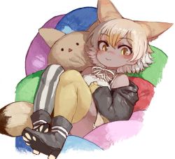 Rule 34 | 1girl, animal ears, asymmetrical legwear, bare shoulders, black footwear, black jacket, black thighhighs, blonde hair, blush, boots, character pillow, commentary request, coyopotato, coyote (kemono friends), extra ears, hair between eyes, handsdsds, jacket, kemono friends, kemono friends v project, long sleeves, looking at viewer, lying, mismatched legwear, multicolored hair, on back, paw print soles, pillow, pleated skirt, shirt, short hair, sitting, skirt, solo, spaghetti strap, striped clothes, striped thighhighs, tail, thighhighs, two-tone thighhighs, virtual youtuber, white hair, white shirt, white thighhighs, wolf ears, wolf tail, yellow eyes, yellow thighhighs, zettai ryouiki