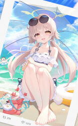 Rule 34 | 1girl, absurdres, doodle sensei (blue archive), bare arms, bare legs, bare shoulders, barefoot, bikini, blue archive, blush, collarbone, commentary request, eyewear on head, frilled bikini, frills, halo, hifumi (blue archive), hifumi (swimsuit) (blue archive), highres, holding, holding umbrella, kuroida, light brown hair, long hair, looking at viewer, low twintails, navel, official alternate costume, open mouth, peroro (blue archive), revision, sensei (blue archive), smile, solo, sunglasses, swimsuit, teeth, toes, transparent, transparent umbrella, twintails, umbrella, upper teeth only, white bikini, yellow eyes
