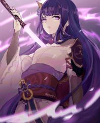 Rule 34 | 1girl, armor, blunt bangs, blurry, blurry foreground, breasts, ciarre, closed mouth, commentary, electricity, english commentary, flower, genshin impact, hair flower, hair ornament, highres, holding, holding sword, holding weapon, human scabbard, japanese clothes, katana, kimono, long hair, long sleeves, looking at viewer, mole, mole under eye, purple background, purple eyes, purple flower, purple hair, raiden shogun, ribbon, sash, shoulder armor, simple background, solo, sword, twitter username, weapon, wide sleeves