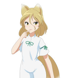 Rule 34 | 1girl, :3, animal ears, blonde hair, cato (monocatienus), commentary request, cowboy shot, finger to mouth, fox ears, fox girl, fox tail, highres, kudamaki tsukasa, long hair, looking at viewer, parted lips, simple background, smile, solo, tail, touhou, white background, yellow eyes