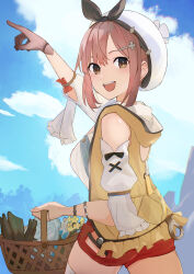 Rule 34 | 1girl, absurdres, animal hood, arm up, atelier (series), atelier ryza, black bow, blue sky, blush, bow, breasts, brown eyes, brown gloves, brown hair, cloud, cloudy sky, commentary, detached sleeves, elbow sleeve, gloves, hair ornament, hairclip, hat, hat bow, highres, hip vent, holding, hood, hood down, hooded jacket, hz paris, jacket, large breasts, looking at viewer, open mouth, outdoors, pointing, pointing up, red shorts, reisalin stout, shirt, short shorts, shorts, single glove, sky, sleeveless, sleeveless jacket, sleeveless shirt, smile, solo, teeth, thighs, upper body, upper teeth only, white hat, white shirt, white sleeves, x, yellow jacket