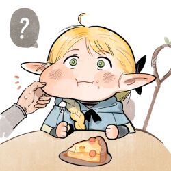 Rule 34 | 1girl, ?, blonde hair, blue capelet, braid, capelet, cheek bulge, cheek pinching, chibi, choker, crumbs, dayisnightnight, dungeon meshi, elf, food, food bite, food on face, green eyes, hair over shoulder, highres, hood, hood down, hooded capelet, long hair, long sleeves, marcille donato, out of frame, pinching, plate, pointy ears, pov, pov hands, side braid, solo focus, spoken question mark, sprout, staff, sweatdrop, table, tart slice, upper body, white background