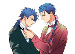 Rule 34 | 2boys, adjusting clothes, adjusting tie, blue hair, bow, bowtie, cu chulainn (fate), cu chulainn (fate) (all), cu chulainn (fate/prototype), cu chulainn (fate/stay night), dual persona, fate/prototype, fate/stay night, fate (series), formal, kireru, long hair, male focus, multiple boys, ponytail, red eyes, suit, traditional bowtie