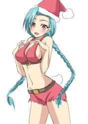 Rule 34 | 1girl, absurdres, aqua hair, bare shoulders, blush, braid, breasts, cleavage, fang, hairline, hat, highres, jinx (league of legends), league of legends, long hair, looking at viewer, navel, open mouth, red eyes, santa hat, smile, solo, standing, twintails, very long hair