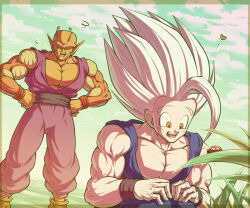 Rule 34 | 2boys, :d, puff of air, antennae, bare shoulders, biceps, black sash, black wristband, blue sky, blush, border, bug, closed eyes, cloud, cloudy sky, collarbone, colored skin, commentary request, day, dougi, dragon ball, dragon ball super, dragon ball super super hero, fang, gohan beast, hands on own hips, hands up, heart, insect, koukyouji, ladybug, large pectorals, male focus, multiple boys, muscular, muscular male, namekian, open mouth, orange piccolo, orange skin, outdoors, pectorals, piccolo, plant, pointy ears, red eyes, red sash, round teeth, sash, sky, smile, son gohan, spiked hair, squatting, squiggle, standing, sweatdrop, teeth, tongue, transparent border, upper teeth only, white hair, wristband