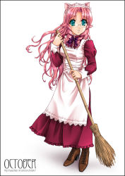Rule 34 | 1girl, animal ears, apron, aqua eyes, boots, bow, bowtie, breasts, broom, brown footwear, cat ears, full body, glasses, holding, long hair, long sleeves, looking at viewer, maid, maid apron, maid headdress, original, parted bangs, pink hair, purple bow, purple bowtie, rimless eyewear, shadow, simple background, solo, standing, takutaro, watermark, web address, white background, wind