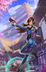 Rule 34 | !, 1girl, ;p, architecture, ass, bodysuit, brown eyes, brown hair, cherry, cherry blossoms, d.va (overwatch), day, diffraction spikes, east asian architecture, facial mark, food, from behind, fruit, gun, headphones, highres, insoom, charm (object), lens flare, long hair, looking at viewer, looking back, mecha, meka (overwatch), one eye closed, overwatch, overwatch 1, petals, robot, sign, solo, standing, standing on one leg, tongue, tongue out, trigger discipline, v, warning sign, weapon, whisker markings, wind