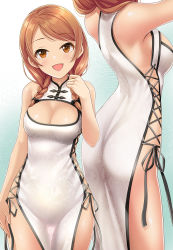 Rule 34 | 1girl, alternate costume, ass, bare shoulders, blush, braid, breasts, brown eyes, brown hair, china dress, chinese clothes, cleavage, cleavage cutout, clothing cutout, commentary request, dress, highres, hojo karen, idolmaster, idolmaster cinderella girls, long hair, looking at viewer, medium breasts, mk (mod0), multiple views, open mouth, side slit, sleeveless, smile, standing, twin braids, white dress