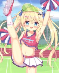 Rule 34 | 1girl, arm up, armpits, belt, blonde hair, blouse, blue eyes, blush, breasts, cheerleader, clothes lift, cloud, fang, gluteal fold, hair ornament, hairclip, high kick, kicking, leg up, legs, long hair, midriff, navel, open mouth, original, outdoors, pom pom (cheerleading), prunus ume, red footwear, red shirt, shirt, shoes, skirt, skirt lift, sky, sleeveless, sleeveless shirt, small breasts, smile, socks, solo, sweat, thighs, twintails, underboob, visor cap, white skirt