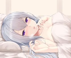Rule 34 | 1girl, absurdres, bed, bed sheet, blush, breasts, cleavage, dated, finger to mouth, hair between eyes, hair down, highres, higuchi kaede, indoors, large breasts, long hair, looking at viewer, lying, mole, mole under eye, nail polish, naked sheet, nijisanji, nude, on back, open mouth, parted lips, pillow, pink nails, purple eyes, signature, silver hair, solo, sweat, temari rin, under covers, upper body, virtual youtuber
