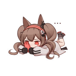 Rule 34 | ..., 1girl, angelina (arknights), animal ears, arknights, black footwear, black gloves, black socks, blush stickers, brown hair, chibi, chinese commentary, coat, commentary request, empty eyes, fox ears, gloves, hairband, legs up, long hair, lxjun 09, lying, on stomach, red eyes, red hairband, simple background, socks, solo, striped clothes, striped hairband, twintails, white background, white coat