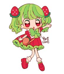 1girl blush_stickers bow chibi dress food food-themed_bag food-themed_hair_ornament freckles fruit full_body green_hair hair_ornament highres irozaki_ihachi open_mouth original outstretched_arm red_eyes short_sleeves smile socks solo strawberry strawberry_bag strawberry_hair_ornament twintails