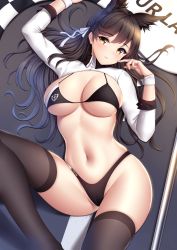 Rule 34 | 1girl, atago (azur lane), atago (stunning speedster) (azur lane), azur lane, bikini, black bikini, black hair, black thighhighs, breasts, checkered flag, extra ears, flag, highleg, highleg bikini, highres, large breasts, long hair, long sleeves, looking at viewer, lying, mole, mole under eye, navel, on back, parted lips, race queen, ribbon, shrug (clothing), sleeve cuffs, swept bangs, swimsuit, thighhighs, thighs, white ribbon, wrist cuffs, wsman, yellow eyes