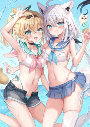 2girls ahoge alternate_costume animal_ears arm_up armpits bikini bikini_under_shorts black_choker black_shorts blonde_hair blue_skirt blue_sky blush breasts choker fox_ears fox_girl fox_tail green_eyes highleg highleg_bikini highres hololive kazama_iroha long_hair looking_at_viewer multiple_girls navel open_mouth ponytail retsuto sailor_collar shirakami_fubuki short_shorts shorts single_thighhigh skirt sky small_breasts smile swimsuit tail thighhighs tongue tongue_out virtual_youtuber wading water white_bikini white_hair white_sailor_collar white_thighhighs