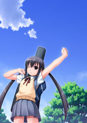Rule 34 | 1girl, arms up, bag, black hair, brown eyes, cloud, cowboy shot, day, female focus, guitar, highres, instrument, k-on!, long hair, nakano azusa, nature, one eye closed, outdoors, sayousuke, school uniform, skirt, sky, smile, solo, stretching, sweater, sweater vest, twintails, wink