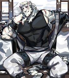 1boy absurdres animal_ears arknights bara elbow_rest furry furry_male graysheartart highres jewelry large_pectorals looking_at_viewer male_focus mountain_(arknights) muscular muscular_male off_shoulder pectorals ring scar scar_across_eye seductive_smile short_hair sidepec sitting smile solo spread_legs thick_eyebrows tiger_boy tiger_ears white_hair