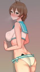 Rule 34 | 1girl, against wall, ahoge, ass, back, bikini, blush, braid, breasts, brown hair, character request, condom, condom wrapper, gomu (chewinggom), green eyes, highres, idolmaster, long hair, looking at viewer, object in clothes, object in swimsuit, sailor swimsuit (idolmaster), solo, sweat, swimsuit
