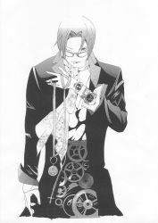 Rule 34 | 00s, 1boy, ;p, air gear, castlevania (series), coat, cross, gears, glasses, greyscale, highres, male focus, monochrome, monocle, one eye closed, pocket watch, reo (pixiv), ribbon, scarf, solo, tongue, tongue out, trench coat, v-neck, watch, wink, wristwatch, yasuyoshi sano