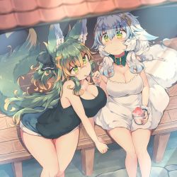 Rule 34 | 2girls, animal ear fluff, animal ears, black ribbon, blue hair, breasts, cleavage, closed mouth, collar, commentary request, crossed bangs, food, green collar, green eyes, green hair, hair between eyes, hair ribbon, holding, holding spoon, ice cream, kuromiya, kuromiya raika, large breasts, legs, long hair, looking at another, medium hair, multicolored hair, multiple girls, orange hair, original, ribbon, shiromiya asuka, sitting, spoon, summer, tail, two-tone hair, white hair