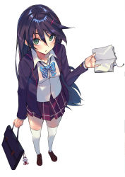 Rule 34 | 1girl, bag, blazer, book, bow, bowtie, brown footwear, charm (object), collared shirt, cross, cross hair ornament, foreshortening, from above, full body, green eyes, hair ornament, highres, holding, holding book, hoshino (illyasviel), jacket, loafers, long hair, looking at viewer, looking up, original, parted lips, pleated skirt, purple hair, purple skirt, school bag, school uniform, shadow, shirt, shoes, skirt, solo, standing, thighhighs, white background, white thighhighs