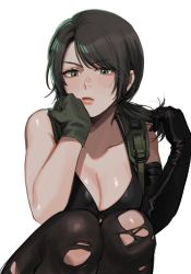 Rule 34 | 1girl, asymmetrical gloves, bikini, black gloves, blush, breasts, brown hair, cleavage, collarbone, elbow gloves, gloves, green eyes, green gloves, large breasts, legs together, long hair, looking at viewer, metal gear (series), metal gear solid v: the phantom pain, mismatched gloves, noriuma, pantyhose, ponytail, quiet (metal gear), simple background, single elbow glove, sitting, solo, swimsuit, torn clothes, torn pantyhose, uneven gloves, white background
