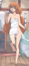 Rule 34 | 1girl, akinbo (hyouka fuyou), barefoot, blue theme, bottle, breasts, brown hair, cleavage, collarbone, hair between eyes, highres, holding, houjou hibiki, indoors, leg up, long hair, mouth hold, naked towel, precure, small breasts, solo, standing, standing on one leg, suite precure, towel, very long hair, white towel