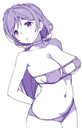 Rule 34 | 1girl, :o, arms behind back, bikini, breasts, choker, collarbone, duke (inu daimyou), eyepatch bikini, large breasts, long hair, looking to the side, love live!, love live! school idol project, low twintails, monochrome, navel, purple theme, simple background, solo, swimsuit, tojo nozomi, twintails, white background