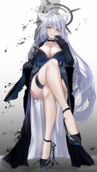 Rule 34 | 1girl, absurdres, ahoge, animal ear fluff, animal ears, black dress, black footwear, black gloves, blue archive, blue eyes, breasts, broken halo, chair, choker, collarbone, cross hair ornament, crossed legs, dark halo, dress, earrings, extra ears, fate (series), full body, gloves, hair ornament, halo, high heels, highres, jewelry, large breasts, long dress, looking at viewer, shiroko (blue archive), shiroko terror (blue archive), sitting, solo, srpzk, stud earrings, thigh strap, two-sided dress, two-sided fabric, white hair, wolf ears