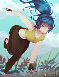 Rule 34 | 1girl, bare shoulders, blue eyes, blue hair, breast press, breasts, camouflage, camouflage pants, cleavage, cloud, collarbone, dog tags, elufae, eyelashes, leggings, leona heidern, midriff, navel, outstretched arm, pants, ponytail, sky, solo, tank top, the king of fighters, the king of fighters xiv, the king of fighters xv, yellow tank top