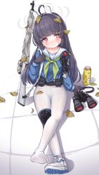 1girl ahoge animal_ears binoculars black_hair blue_archive blue_serafuku blush bolt_action bright_pupils comodomodo fake_animal_ears flashlight green_neckerchief grey_halo gun halo highres knee_pads leaf leaf_on_head long_hair long_sleeves miyu_(blue_archive) mosin-nagant neckerchief no_pants panties panties_under_pantyhose pantyhose rabbit_ears red_eyes rifle school_uniform serafuku shoes single_knee_pad single_shoe sitting solo underwear weapon white_pantyhose white_pupils