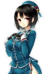 Rule 34 | 10s, 1girl, beret, black gloves, black hair, blush, breasts, garter straps, gloves, hat, kantai collection, kuritomo, large breasts, military, military uniform, personification, red eyes, short hair, smile, solo, takao (kancolle), uniform