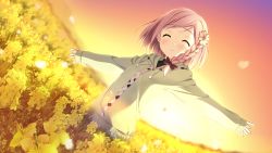 Rule 34 | 1girl, blush, bow, braid, dutch angle, closed eyes, field, flower, flower field, game cg, hair bow, hair flower, hair ornament, kantoku, outstretched arms, pink hair, scenery, short hair, single braid, sleeves past wrists, smile, solo, sunset, your diary, yua (your diary)