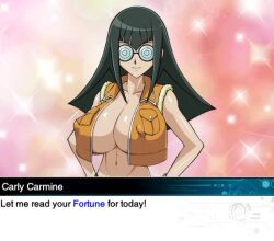 Rule 34 | black hair, breasts, carly nagisa, cleavage, coke-bottle glasses, covered erect nipples, english text, game mod, glasses, huge breasts, jacket, large breasts, looking at viewer, mod, naked jacket, non-web source, sparkle background, tagme, underboob, yu-gi-oh!, yu-gi-oh! 5d&#039;s, yu-gi-oh! duel links