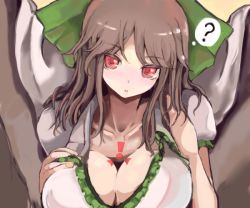 Rule 34 | 1girl, ?, black hair, black wings, bow, breast suppress, breasts, cape, cleavage, collarbone, female focus, hair bow, large breasts, long hair, looking at viewer, morinba, open mouth, radiation symbol, radioactive, red eyes, reiuji utsuho, simple background, solo, tattoo, touhou, upper body, wings