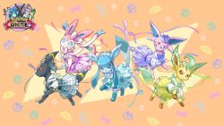 Rule 34 | animal focus, black eyes, blue eyes, blue hair, brown eyes, colored sclera, creatures (company), dress, espeon, espeon (checkered), forehead jewel, game freak, gen 2 pokemon, gen 4 pokemon, gen 6 pokemon, glaceon, glaceon (checkered), hat, leafeon, leafeon (checkered), nintendo, no humans, official art, pokemon, pokemon (creature), pokemon unite, purple eyes, purple hair, red sclera, sidelocks, sitting, smile, sylveon, sylveon (checkered), umbreon, umbreon (checkered)