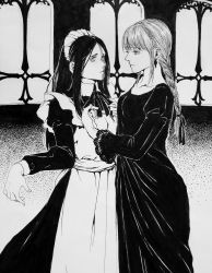 Rule 34 | 2girls, adjusting another&#039;s clothes, alternate costume, apron, black dress, black hair, braid, braided ponytail, chainsaw man, dress, ear piercing, earrings, expressionless, greyscale, haitukarasumi, highres, jewelry, light smile, long dress, long hair, looking at another, maid, maid apron, maid headdress, makima (chainsaw man), monochrome, multiple girls, piercing, princi (chainsaw man), ringed eyes, smile, very long hair, waitress