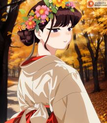 1girl absurdres alternate_hairstyle autumn autumn_leaves black_eyes black_hair closed_mouth facing_to_the_side falling_leaves flower from_behind ginkgo_tree hair_flower hair_ornament highres hmangadd japanese_clothes kimono komi-san_wa_komyushou_desu komi_shouko leaf outdoors patreon_logo patreon_username solo standing tree_shade upper_body white_kimono