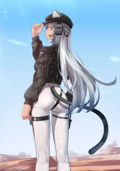 Rule 34 | 1girl, absurdres, animal ears, arknights, arm at side, ass, black headwear, black jacket, blue sky, brown eyes, cat ears, cat girl, cat tail, closed mouth, clothing cutout, commentary request, day, ears through headwear, feet out of frame, fingernails, from behind, hand on headwear, hand up, headset, highres, jacket, long fingernails, long hair, long sleeves, official alternate costume, outdoors, pants, profile, schwarz (arknights), schwarz (skyline) (arknights), shijie jianfa, silver hair, sky, smile, solo, standing, tail, tail through clothes, tight clothes, tight pants, very long hair, white pants
