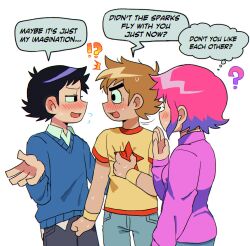 Rule 34 | !?, 1girl, 2boys, ?, bisexual male, black eyes, black hair, blush, boy and girl sandwich, commentary, denim, english commentary, english text, guruo (gur sp), heart, highres, jeans, kiss, kissing cheek, love triangle, male focus, mixed harem, multicolored hair, multiple boys, open mouth, pants, pink hair, ramona flowers, sandwiched, scott pilgrim, scott pilgrim (series), scott pilgrim takes off, short hair, simple background, smile, wallace wells, white background