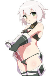 Rule 34 | 1girl, bandaged arm, bandages, bare shoulders, black gloves, black panties, black shirt, black thighhighs, blush, breasts, commentary request, cowboy shot, dagger, facial scar, fate/grand order, fate (series), gloves, green eyes, groin, hair between eyes, holding, holding dagger, holding knife, holding weapon, in panties, jack the ripper (fate/apocrypha), knife, looking at viewer, navel, object in clothes, object in panties, panties, parted lips, scar, scar across eye, scar on cheek, scar on face, shirt, silver hair, simple background, single glove, sleeveless, sleeveless shirt, small breasts, solo, thighhighs, toshishikisai, underwear, v-shaped eyebrows, weapon, white background