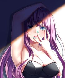Rule 34 | 1girl, absurdres, arm up, armpits, blue eyes, blue nails, breasts, cleavage, collarbone, highres, inu8neko, large breasts, long hair, looking at viewer, megurine luka, nail polish, parted lips, pink hair, red lips, solo, straight hair, strapless, upper body, very long hair, vocaloid