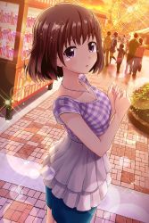 Rule 34 | alternative girls, asahina nono, bare arms, breasts, brown hair, cleavage, ferris wheel, food, from side, highres, jewelry, nail polish, necklace, official art, open mouth, plaid, plaid shirt, popcorn, purple eyes, purple nails, shirt, short hair, solo focus, sparkle