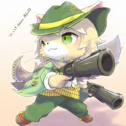 Rule 34 | artist request, cat, cat busters, character request, furry, green eyes, gun, hat