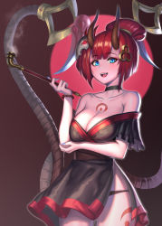 Rule 34 | 1girl, bare shoulders, black panties, blood moon evelynn, blue eyes, blunt bangs, blush, breast hold, breasts, choker, cleavage, collarbone, cowboy shot, dress, evelynn (league of legends), fang, frilled sleeves, frills, hair ornament, holding, holding smoking pipe, horns, league of legends, looking at viewer, makeup, mascara, medium breasts, moonandmist, oni, open mouth, panties, panty pull, red hair, short sleeves, smile, smoking pipe, solo, tattoo, underwear