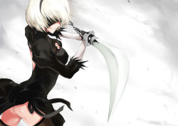 Rule 34 | 1girl, back cutout, blindfold, breasts, cleavage, cleavage cutout, clothing cutout, covered navel, dutch angle, covered erect nipples, fengya, from below, from side, gloves, gluteal fold, katana, leotard, medium breasts, nier (series), nier:automata, short hair, snowing, solo, sword, weapon on back, thighhighs, thighs, weapon, white hair, 2b (nier:automata), zettai ryouiki