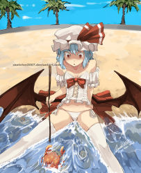 Rule 34 | 1girl, 2010, :o, adapted costume, bare shoulders, bat wings, beach, blue hair, bustier, collarbone, crab, dated, day, faustsketcher, female focus, hat, low wings, no bra, outdoors, palm tree, panties, partially submerged, pointy ears, red eyes, remilia scarlet, short hair, side-tie panties, sitting, solo, spread legs, staring, stick, thighhighs, touhou, tree, underwear, water, watermark, web address, white thighhighs, wings