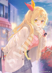 Rule 34 | 1girl, :d, arm behind back, blonde hair, blurry, blurry background, blush, copyright name, copyright notice, finger to mouth, hair ornament, hair ribbon, hairclip, heterochromia, highres, hoshikawa sara, long hair, long sleeves, looking at viewer, night, nijisanji, open mouth, outdoors, pantyhose, red eyes, red ribbon, reia, ribbon, sample watermark, sleeves past wrists, smile, solo, sparkle, very long hair, virtual youtuber, watermark, x hair ornament, yellow eyes